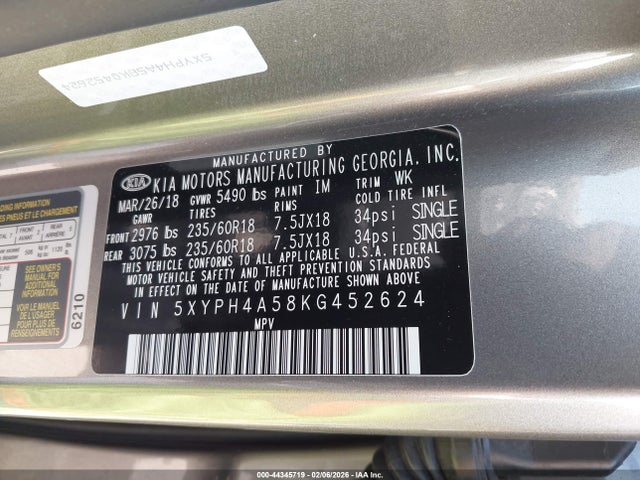 5XYPH4A58KG452624 KIA Sorento 3.3l Ex
