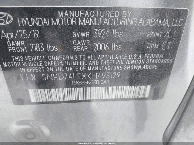 2019 Hyundai Elantra Se მანქანა იყიდება აუქციონზე, vin: 5NPD74LFXKH493129, აუქციონის ნომერი: 44345742
