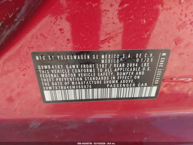 44345788 :رقم المزاد ، 3VW7X7BU4SM055678 vin ، 2025 Volkswagen Jetta 1.5t Se مزاد بيع