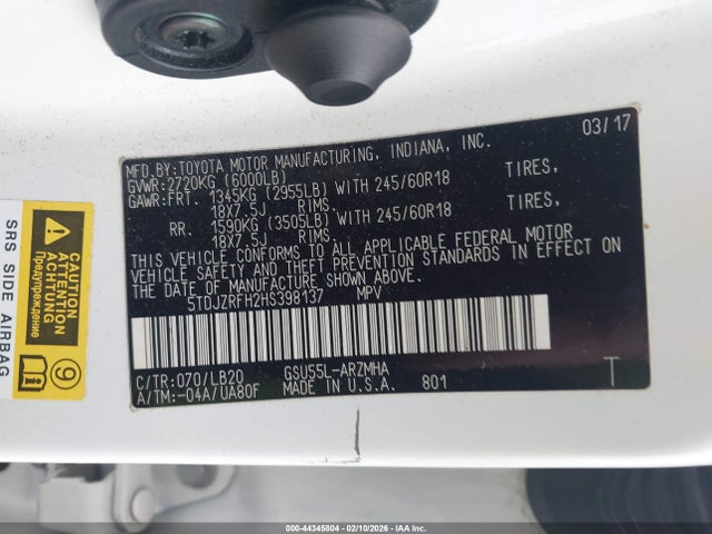 Toyota Highlander Xle 2017 5TDJZRFH2HS398137 Image 9