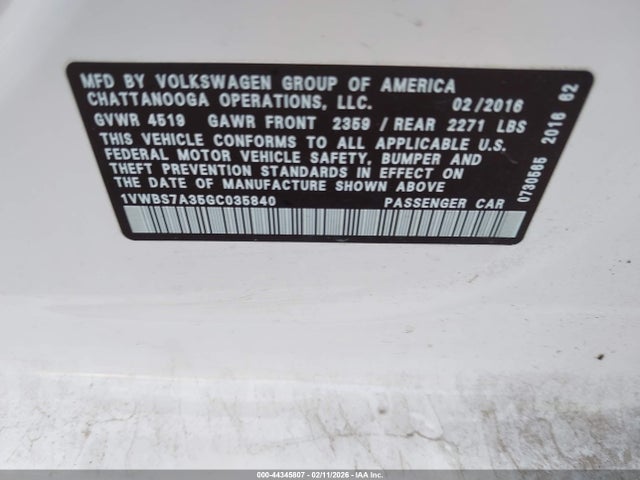 Продажа на аукционе авто 2016 Volkswagen Passat 1.8t Se, vin: 1VWBS7A35GC035840, номер лота: 44345807