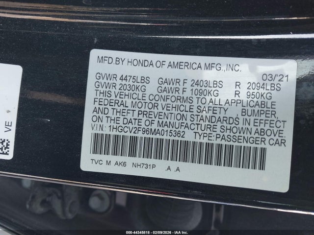 2021 Honda Accord Touring მანქანა იყიდება აუქციონზე, vin: 1HGCV2F96MA015362, აუქციონის ნომერი: 44345818