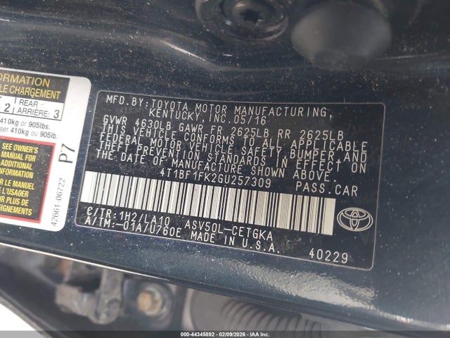 Toyota CAMRY XLE 2016 4T1BF1FK2GU257309 Image 9