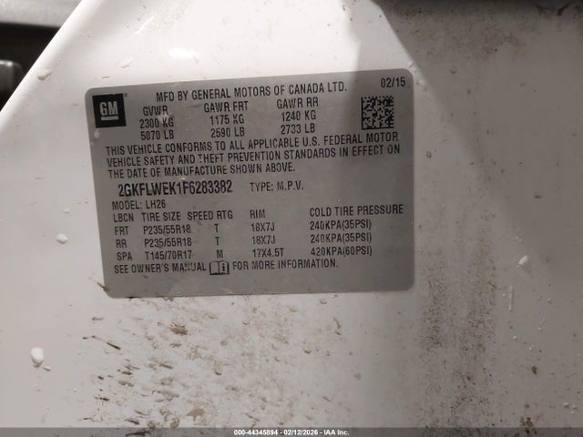 44345894 :رقم المزاد ، 2GKFLWEK1F6283382 vin ، 2015 Gmc Terrain Sle-2 مزاد بيع