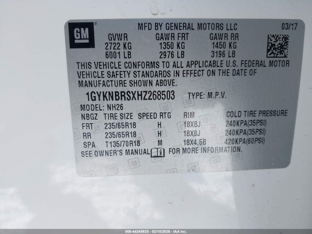 44345925 :رقم المزاد ، 1GYKNBRSXHZ268503 vin ، 2017 Cadillac Xt5 Luxury مزاد بيع