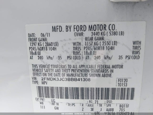 Aukcja sprzedaży 2011 Ford Edge Sel, vin: 2FMDK3JC3BBB41308, numer aukcji: 44345956