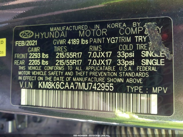 Продаж на аукціоні авто 2021 Hyundai Kona Sel Plus, vin: KM8K6CAA7MU742955, номер лоту: 44345959