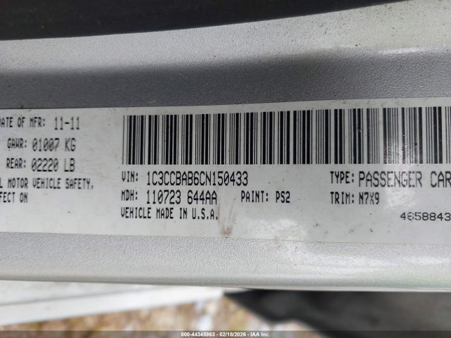 2012 Chrysler 200 Lx მანქანა იყიდება აუქციონზე, vin: 1C3CCBAB6CN150433, აუქციონის ნომერი: 44345963