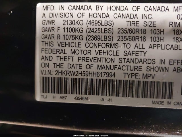 Auction sale of the 2017 Honda Cr-v Ex, vin: 2HKRW2H59HH617994, lot number: 44345978