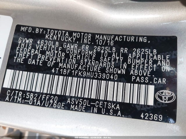 44345988 :رقم المزاد ، 4T1BF1FK9HU339040 vin ، 2017 Toyota Camry Se مزاد بيع