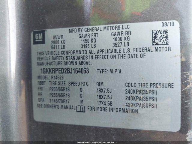Продаж на аукціоні авто 2011 Gmc Acadia Sle, vin: 1GKKRPED2BJ164063, номер лоту: 44346001