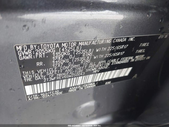2T3WFREV6GW250043 Toyota Rav4 Xle