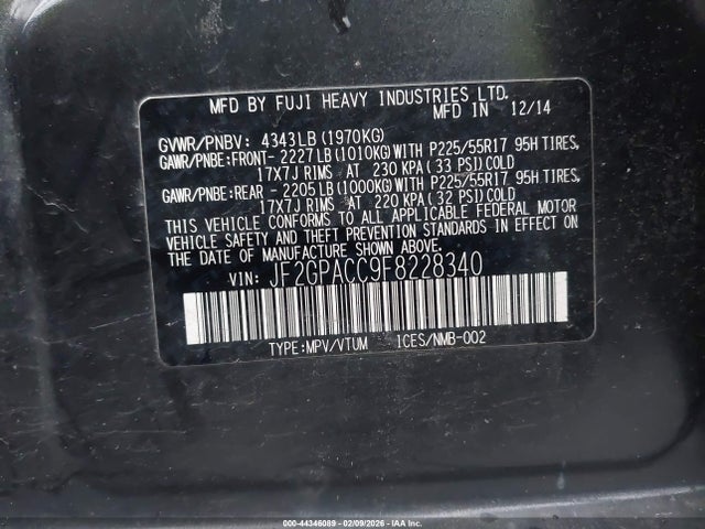 JF2GPACC9F8228340 Subaru Xv Crosstrek 2.0i Premium