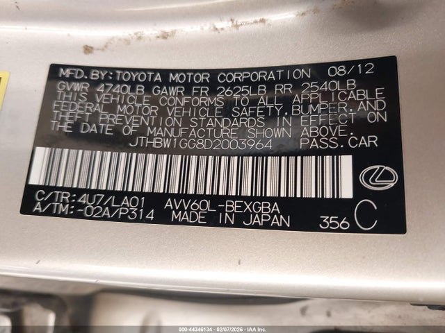 2013 Lexus Es 300h მანქანა იყიდება აუქციონზე, vin: JTHBW1GG8D2003964, აუქციონის ნომერი: 44346134