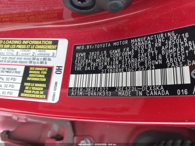 2T1BURHE1GC735734 Toyota Corolla S Plus