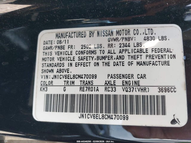 44346295 :رقم المزاد ، JN1CV6EL8CM470099 vin ، 2012 Infiniti G37 مزاد بيع
