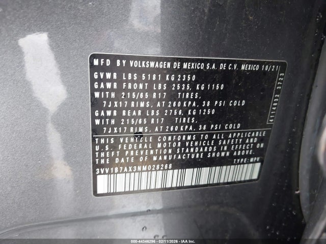 Aukcja sprzedaży 2022 Volkswagen Tiguan 2.0t S, vin: 3VV1B7AX3NM028268, numer aukcji: 44346296