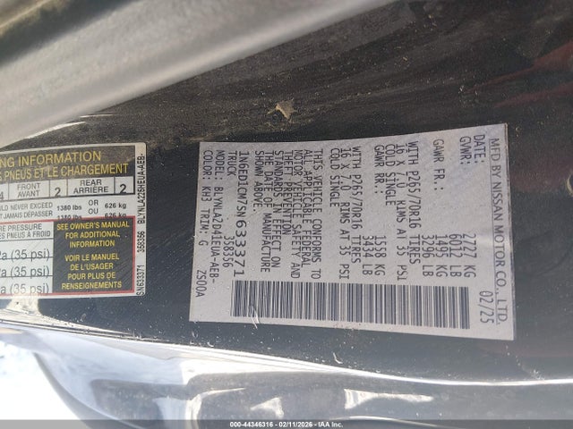 44346316 :رقم المزاد ، 1N6ED1CM7SN633371 vin ، 2025 Nissan Frontier King Cab S 4x4 مزاد بيع