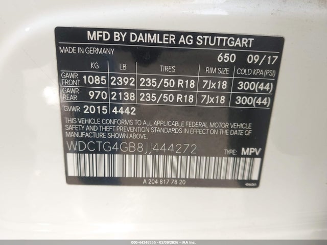 Aukcja sprzedaży 2018 Mercedes-benz Gla 250 4matic, vin: WDCTG4GB8JJ444272, numer aukcji: 44346355