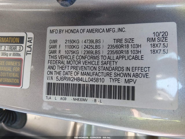 Honda Cr-v Awd Ex-l 2020 5J6RW2H84LL045810 Image 9
