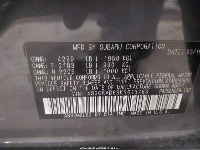 Aukcja sprzedaży 2019 Subaru Impreza 2.0i Premium, vin: 4S3GKAD65K3613763, numer aukcji: 44346369