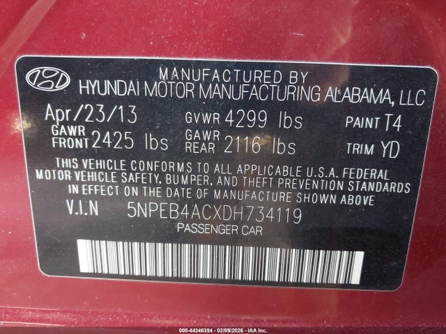 Продаж на аукціоні авто 2013 Hyundai Sonata Gls, vin: 5NPEB4ACXDH734119, номер лоту: 44346394
