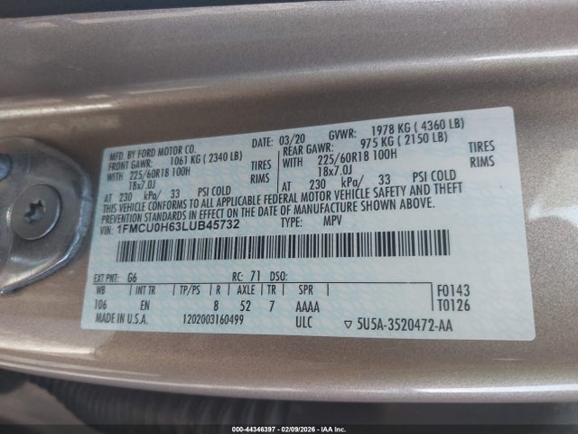 2020 Ford Escape Sel მანქანა იყიდება აუქციონზე, vin: 1FMCU0H63LUB45732, აუქციონის ნომერი: 44346397