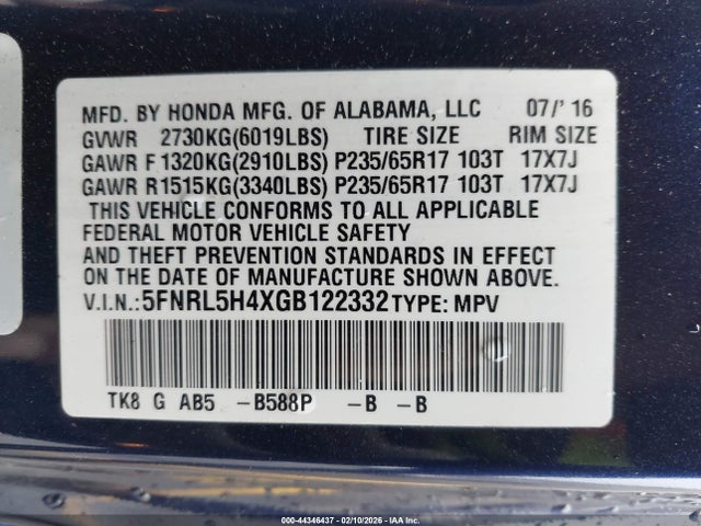 5FNRL5H4XGB122332 Honda ODYSSEY EX