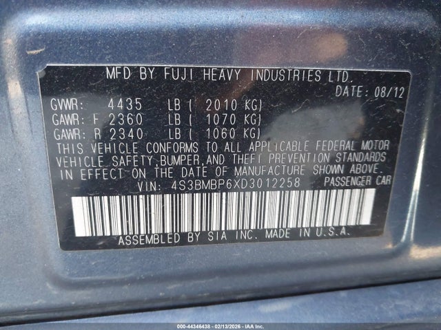 2013 Subaru Legacy 2.5i Limited მანქანა იყიდება აუქციონზე, vin: 4S3BMBP6XD3012258, აუქციონის ნომერი: 44346438