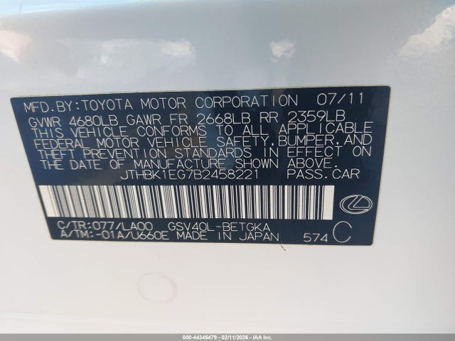 Aukcja sprzedaży 2011 Lexus Es 350, vin: JTHBK1EG7B2458221, numer aukcji: 44346479