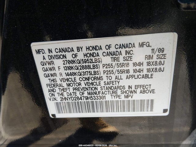 44346523 :رقم المزاد ، 2HNYD28479H533301 vin ، 2009 Acura Mdx Technology Package مزاد بيع