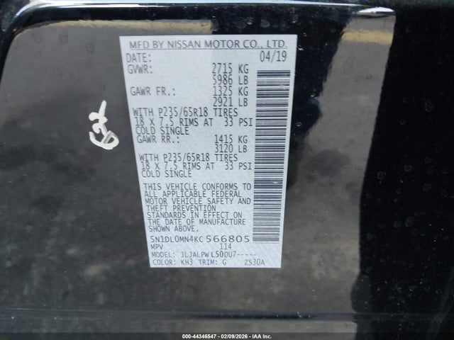 Продаж на аукціоні авто 2019 Infiniti Qx60 Pure, vin: 5N1DL0MN4KC566805, номер лоту: 44346547