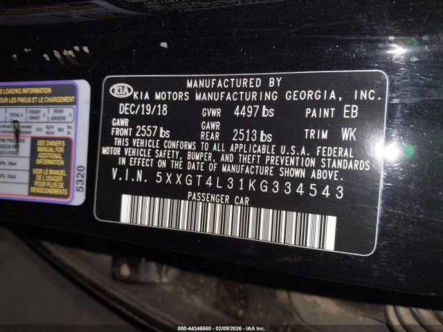 44346560 :رقم المزاد ، 5XXGT4L31KG334543 vin ، 2019 Kia Optima S مزاد بيع