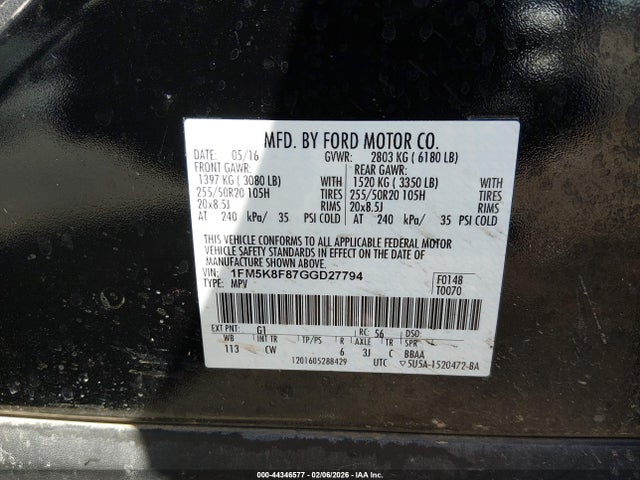 1FM5K8F87GGD27794 Ford Explorer Limited