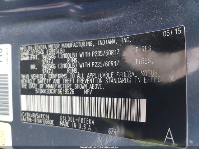 5TDKK3DCXFS619526 Toyota Sienna Le 8 Passenger