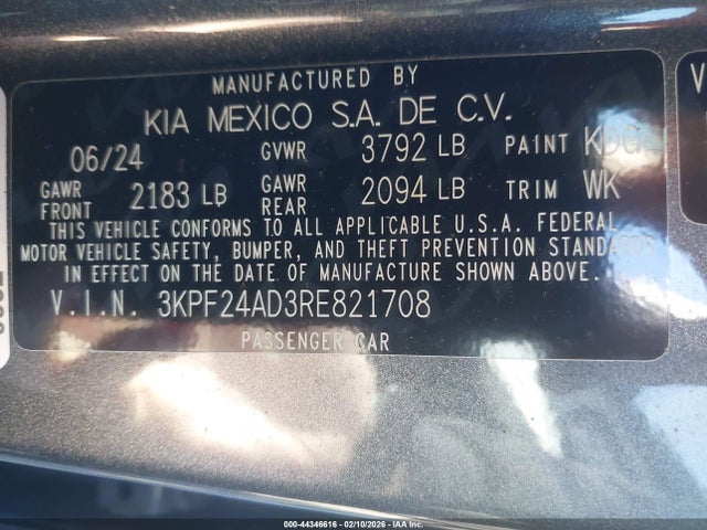 44346616 :رقم المزاد ، 3KPF24AD3RE821708 vin ، 2024 Kia Forte Lx مزاد بيع