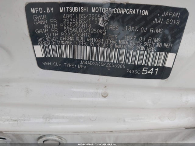 Aukcja sprzedaży 2019 Mitsubishi Outlander Es, vin: JA4AD2A35KZ055985, numer aukcji: 44346642