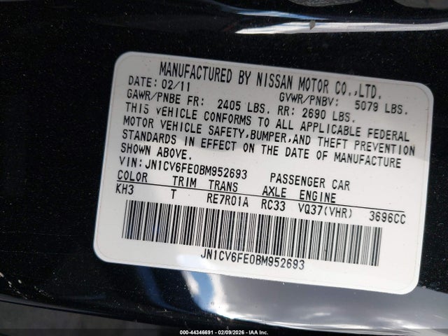 Aukcja sprzedaży 2011 Infiniti G37, vin: JN1CV6FE0BM952693, numer aukcji: 44346691