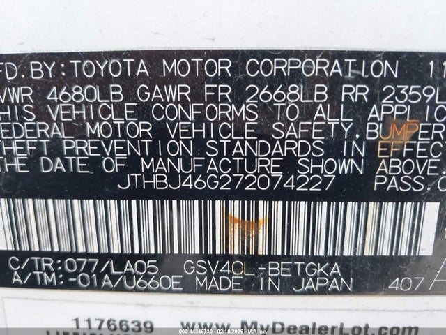 Продажа на аукционе авто 2007 Lexus Es 350, vin: JTHBJ46G272074227, номер лота: 44346730