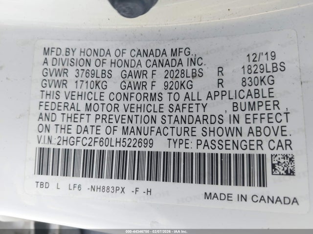Honda Civic Lx 2020 2HGFC2F60LH522699 Image 9