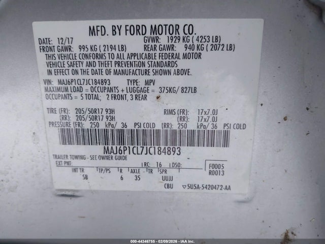 Продажа на аукционе авто 2018 Ford Ecosport Ses, vin: MAJ6P1CL7JC184893, номер лота: 44346755