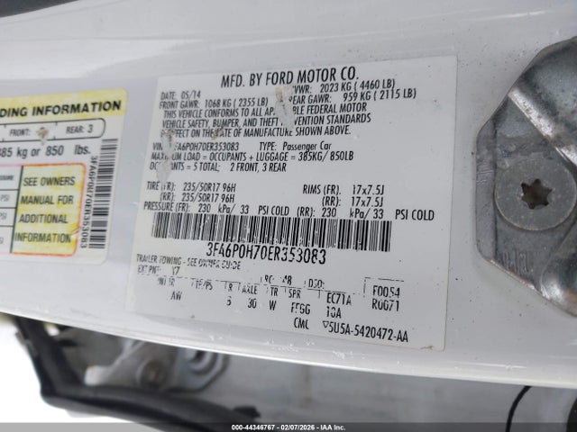 44346767 :رقم المزاد ، 3FA6P0H70ER353083 vin ، 2014 Ford Fusion Se مزاد بيع