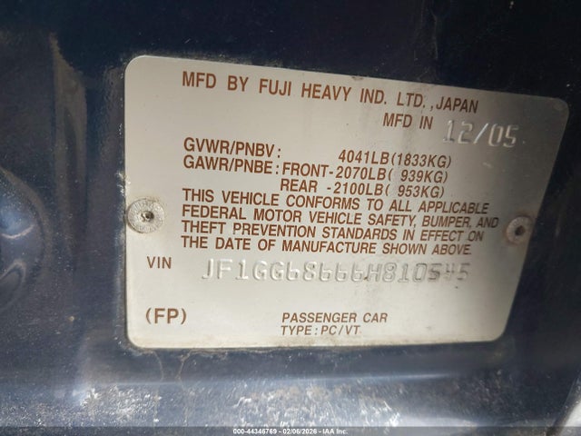 2006 Subaru Impreza Outback Sport მანქანა იყიდება აუქციონზე, vin: JF1GG68666H810545, აუქციონის ნომერი: 44346769