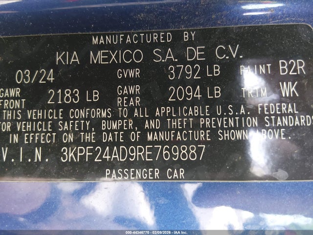 3KPF24AD9RE769887 KIA Forte Lxs