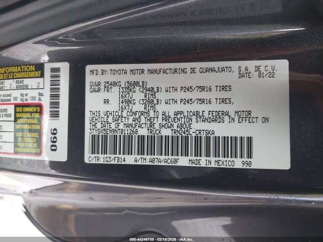 3TYSX5EN9NT011268 Toyota Tacoma Sr