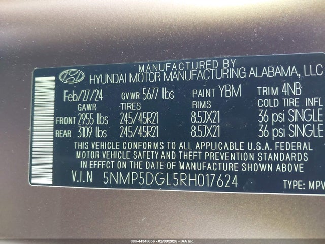 5NMP5DGL5RH017624 Hyundai Santa Fe Calligraphy