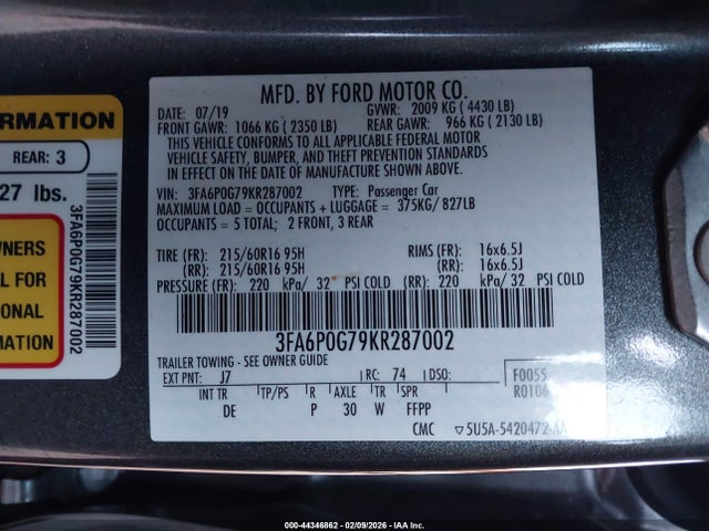 2019 FORD FUSION 3FA6P0G79KR287002 Photo 8