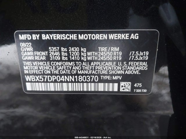44346931 :رقم المزاد ، WBX57DP04NN180370 vin ، 2022 Bmw X3 Xdrive30i مزاد بيع