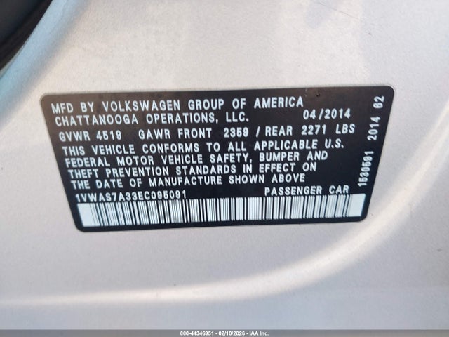44346951 :رقم المزاد ، 1VWAS7A33EC095091 vin ، 2014 Volkswagen Passat 1.8t Wolfsburg Edition مزاد بيع