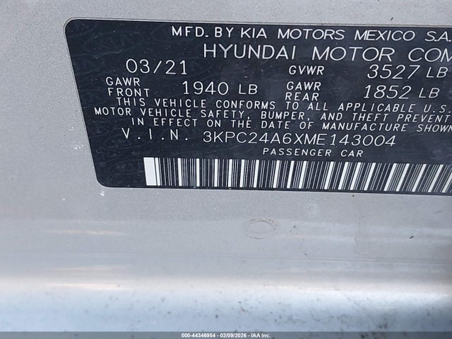 44346954 :رقم المزاد ، 3KPC24A6XME143004 vin ، 2021 Hyundai Accent Se مزاد بيع